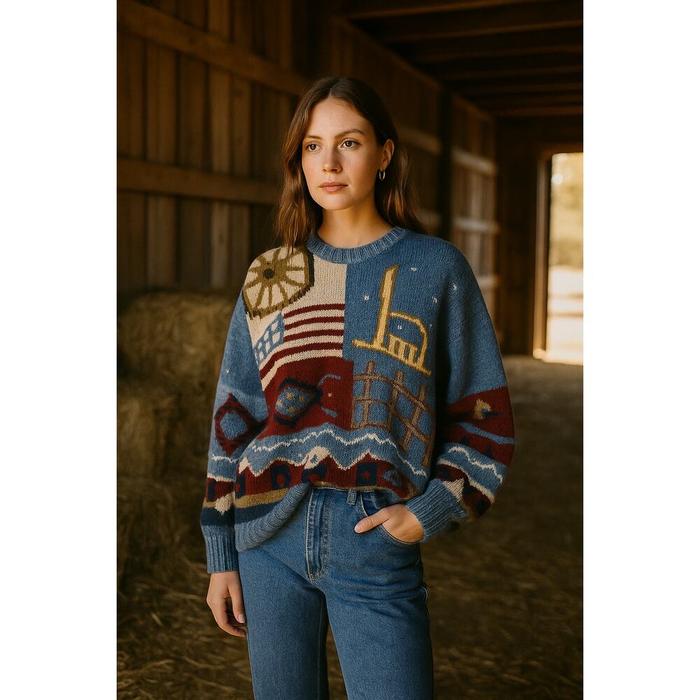 Vintage 90s Wool Americana Sweater Unisex XL – Western Patchwork Cozy Fall Knit